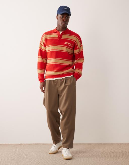 ASOS DESIGN relaxed knitted long sleeve polo with chest embroidery in beige and red stripe, 2 of 5