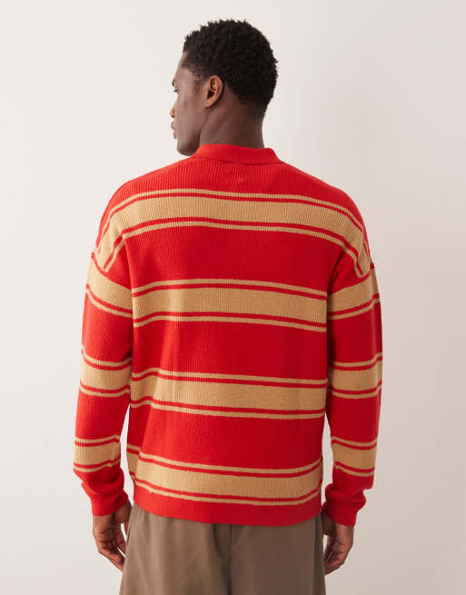 ASOS DESIGN relaxed knitted long sleeve polo with chest embroidery in beige and red stripe, 3 of 5
