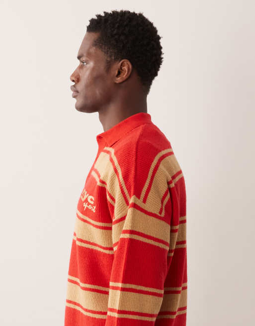 ASOS DESIGN relaxed knitted long sleeve polo with chest embroidery in beige and red stripe, 4 of 5