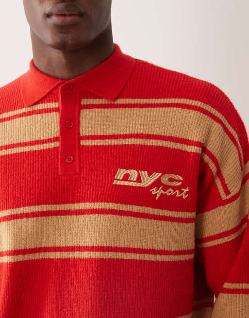 ASOS DESIGN relaxed knitted long sleeve polo with chest embroidery in beige and red stripe, 5 of 5