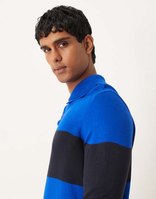 ASOS DESIGN relaxed knitted long sleeve stripe polo t-shirt in navy, 4 of 5