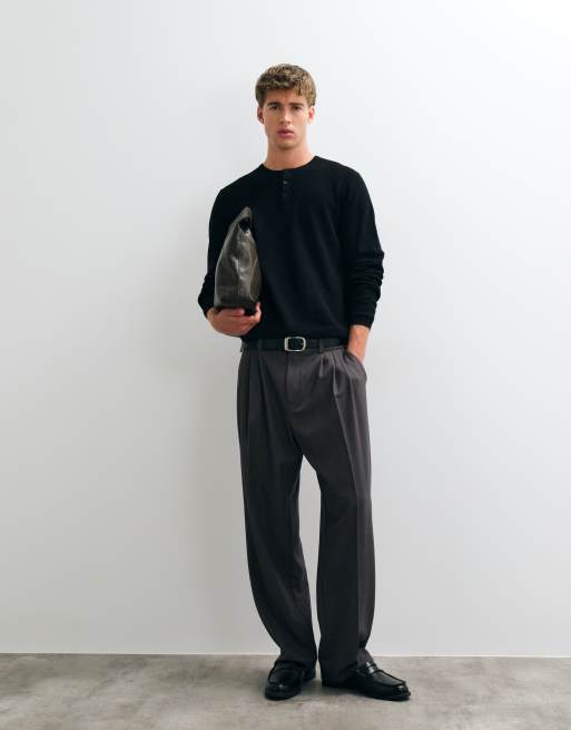 ASOS DESIGN relaxed knitted long sleeved texture henley in  black, 2 of 5