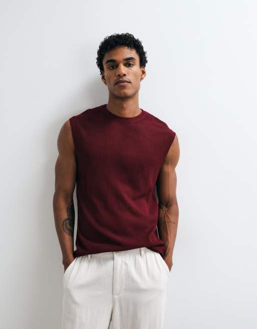 ASOS DESIGN relaxed knitted mesh tank in burgundy, 4 of 5