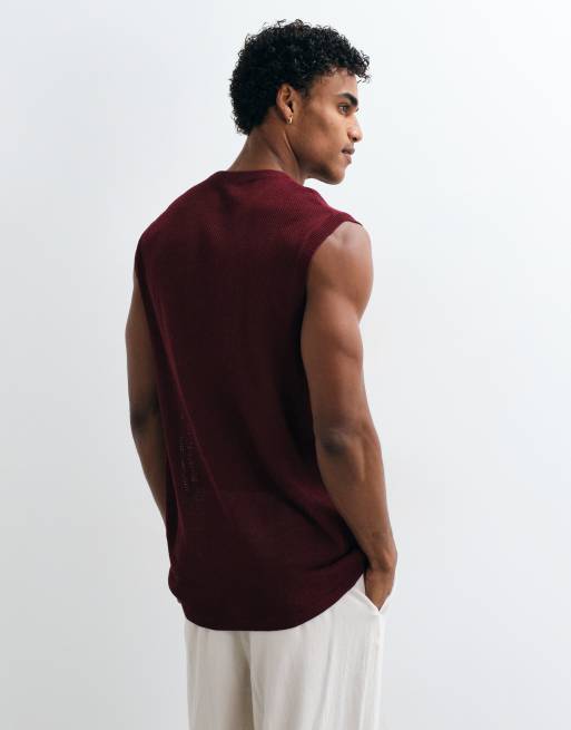 ASOS DESIGN relaxed knitted mesh tank in burgundy, 5 of 5