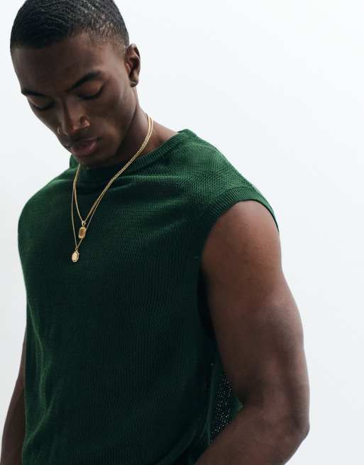 ASOS DESIGN relaxed knitted mesh tank in forest green, 3 of 5