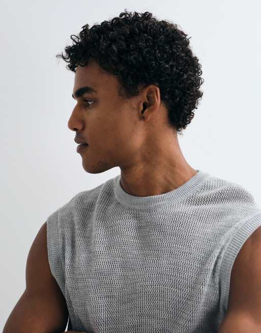 ASOS DESIGN relaxed knitted mesh tank in grey marl, 3 of 5