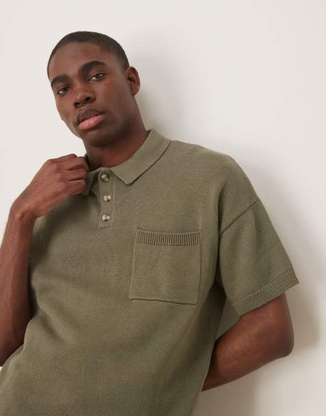 ASOS DESIGN relaxed  knitted midweight cotton polo with chest pocket in khaki - view 1