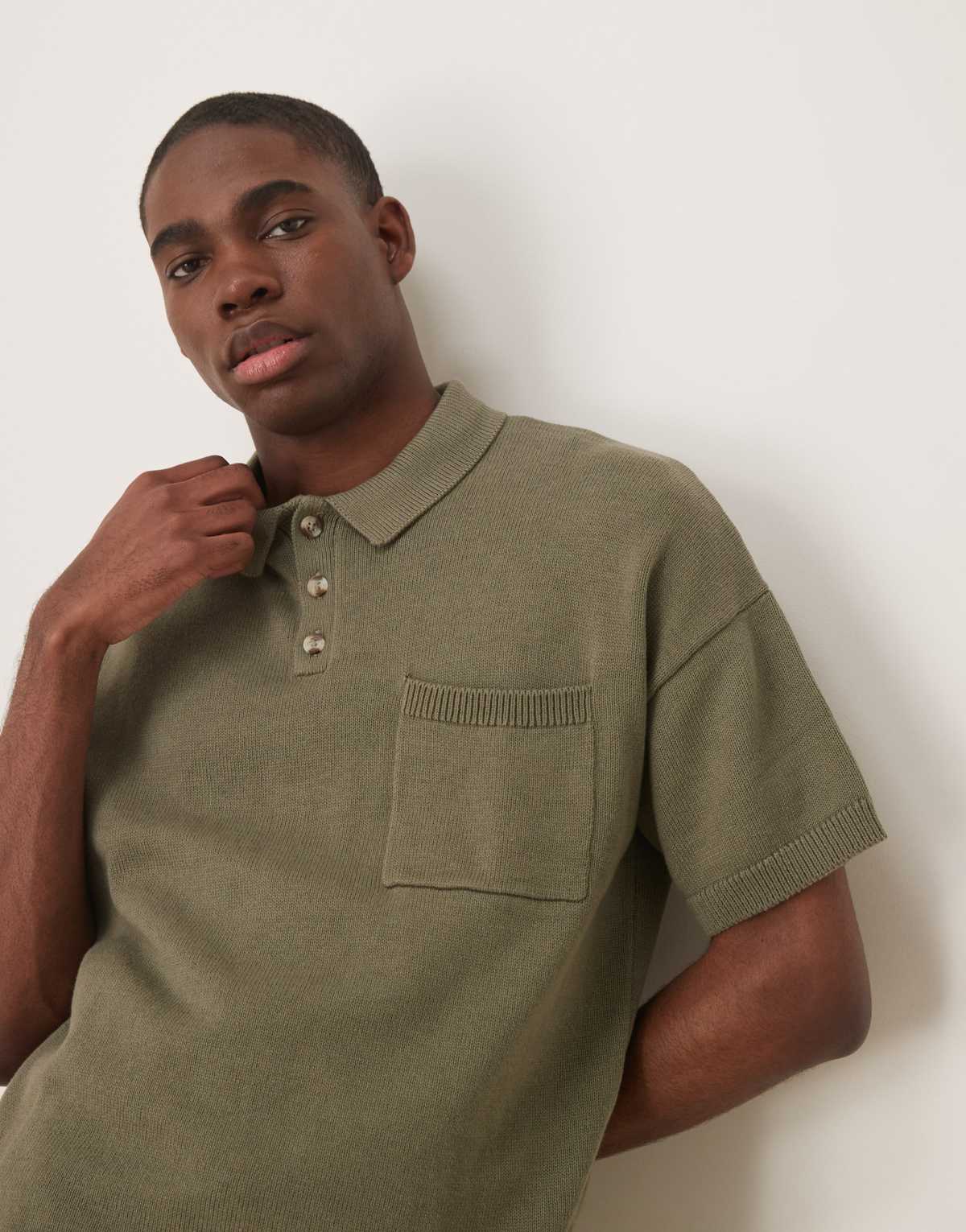ASOS DESIGN relaxed  knitted midweight cotton polo with chest pocket in khaki