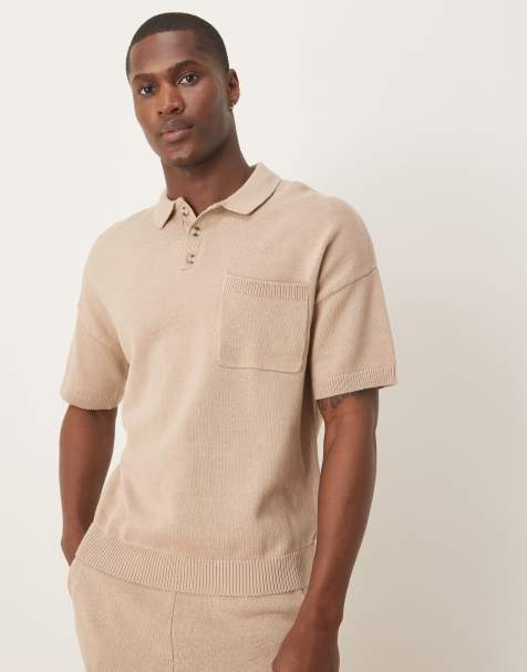 ASOS DESIGN relaxed knitted midweight cotton polo with chest pocket in stone
