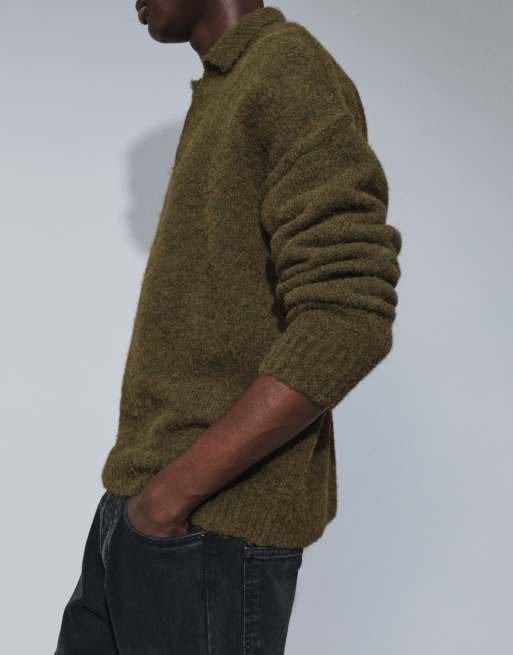 ASOS DESIGN relaxed knitted notch neck jumper in khaki, 2 of 9