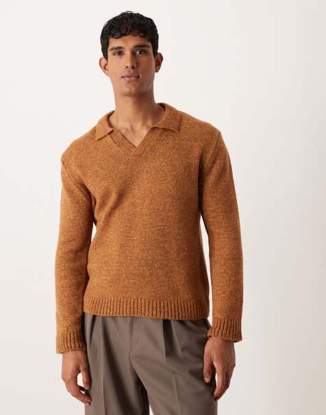 ASOS DESIGN relaxed knitted notch neck jumper in tan - view 1