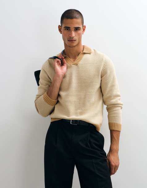 ASOS DESIGN relaxed knitted notch neck long sleeved jumper in beige and tan - view 1