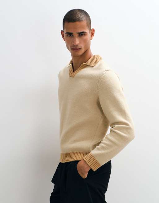 ASOS DESIGN relaxed knitted notch neck long sleeved jumper in beige and tan, 4 of 5
