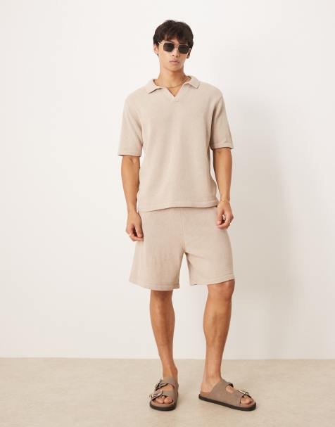 ASOS DESIGN relaxed knitted notch neck polo and shorts co-ord in mink - view 1