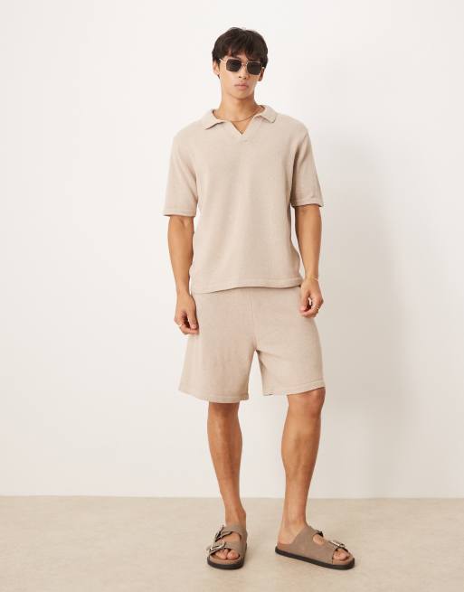 ASOS DESIGN relaxed knitted notch neck polo and shorts set in mink