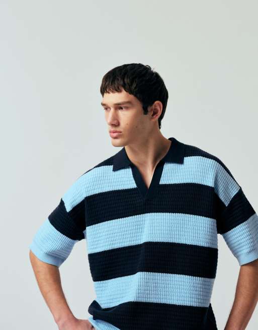ASOS DESIGN relaxed knitted notch neck polo in navy and blue stripe, 2 of 5