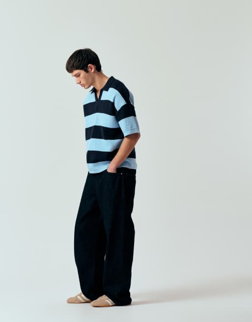 ASOS DESIGN relaxed knitted notch neck polo in navy and blue stripe, 3 of 5