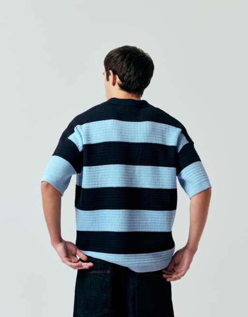 ASOS DESIGN relaxed knitted notch neck polo in navy and blue stripe, 4 of 5