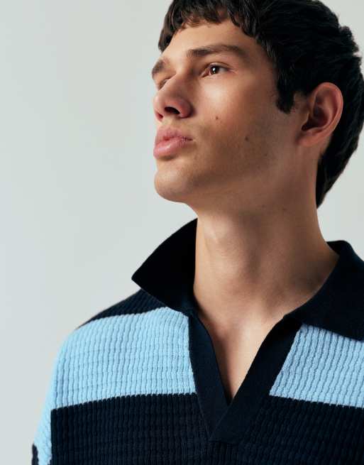 ASOS DESIGN relaxed knitted notch neck polo in navy and blue stripe, 5 of 5