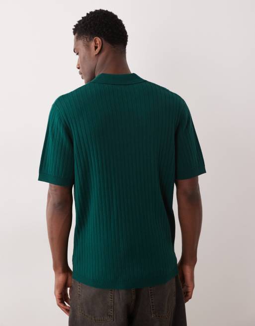 ASOS DESIGN relaxed knitted notch neck polo shirt in dark green , 3 of 5