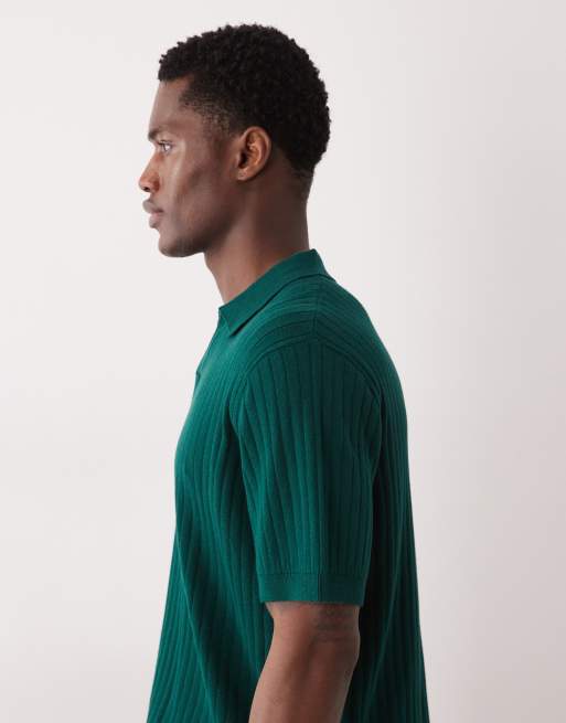 ASOS DESIGN relaxed knitted notch neck polo shirt in dark green , 4 of 5