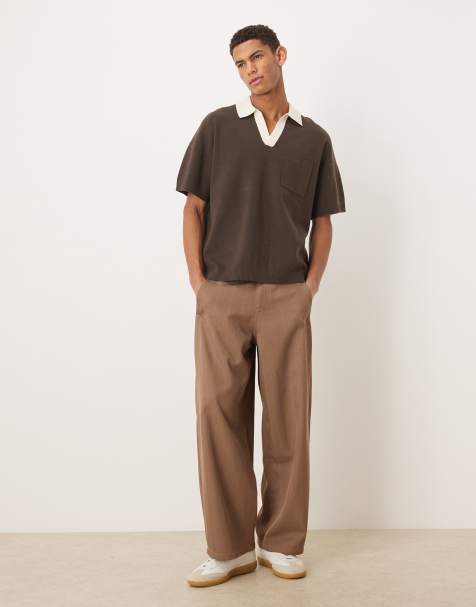 ASOS DESIGN relaxed knitted notch neck polo shirt with front pocket in brown - view 1