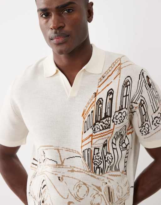 ASOS DESIGN relaxed knitted notch neck polo with car graphic in cream, 3 of 5