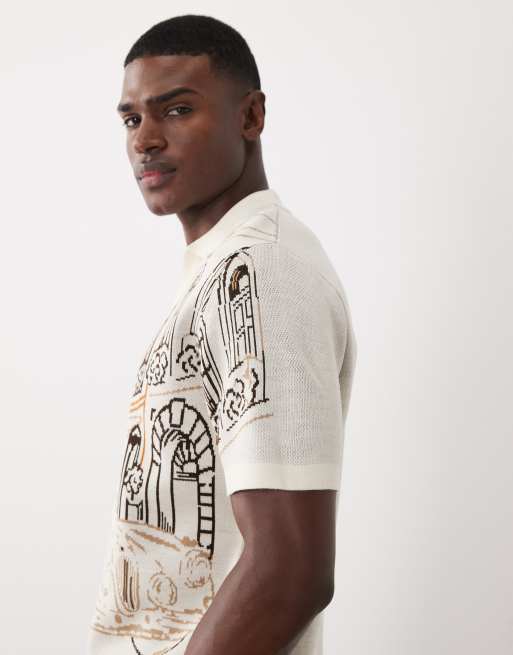 ASOS DESIGN relaxed knitted notch neck polo with car graphic in cream, 4 of 5