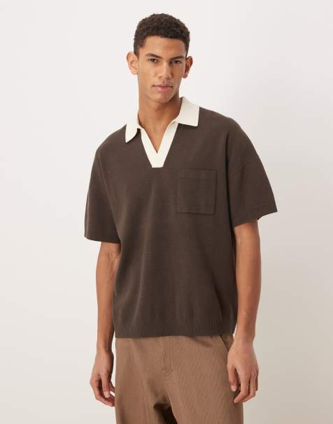 ASOS DESIGN relaxed knitted notch neck polo with front pocket in brown - view 1