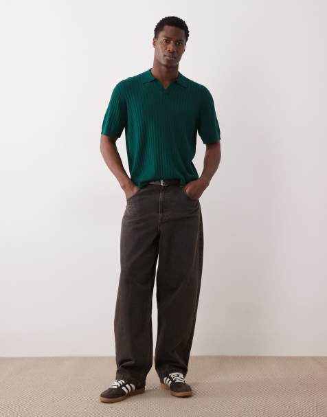 ASOS DESIGN relaxed knitted notch neck polo in dark green 