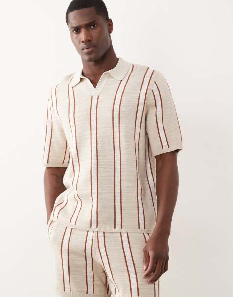 ASOS DESIGN relaxed knitted notch neck stripe polo in stone and ecru (part of a set) - view 1
