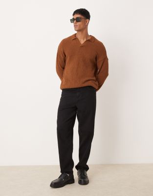 Asos Design Relaxed Knitted Notch Neck Texture Sweater In Brown