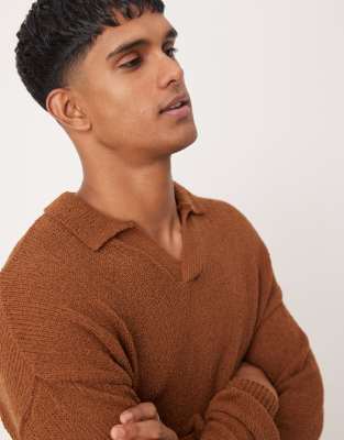 Asos Design Relaxed Knitted Notch Neck Texture Sweater In Brown