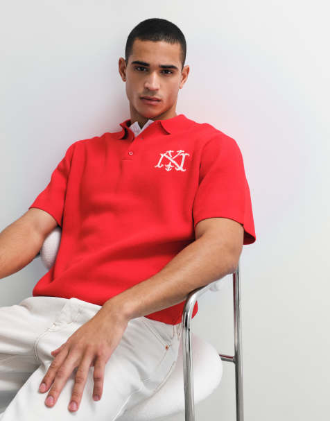 ASOS DESIGN relaxed knitted notch neck top with graphic in red - view 1