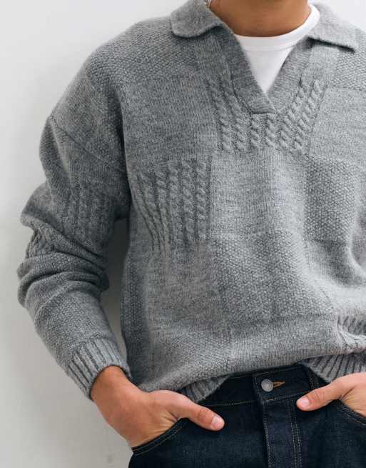 ASOS DESIGN relaxed knitted notch neck with check detail in grey, 2 of 5