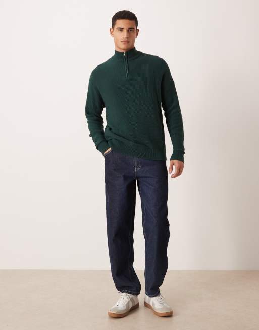 ASOS DESIGN relaxed knitted pique funnel neck jumper in dark green, 2 of 5