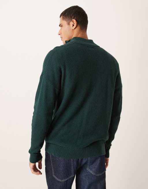ASOS DESIGN relaxed knitted pique funnel neck jumper in dark green, 3 of 5
