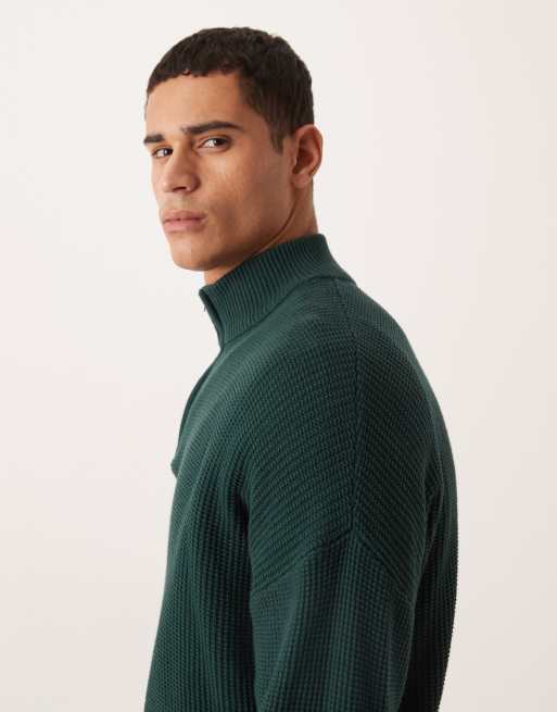 ASOS DESIGN relaxed knitted pique funnel neck jumper in dark green, 4 of 5