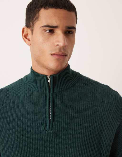 ASOS DESIGN relaxed knitted pique funnel neck jumper in dark green, 5 of 5