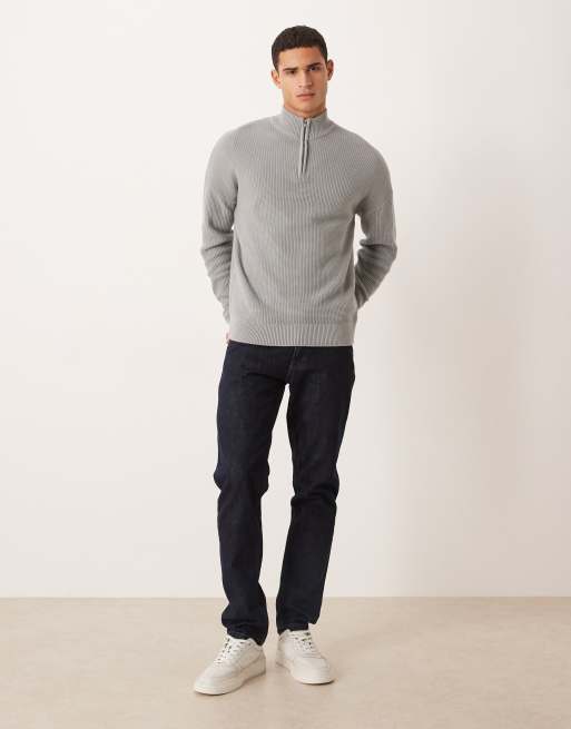ASOS DESIGN relaxed knitted pique funnel neck jumper in light grey, 2 of 5