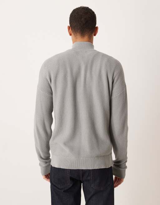 ASOS DESIGN relaxed knitted pique funnel neck jumper in light grey, 3 of 5