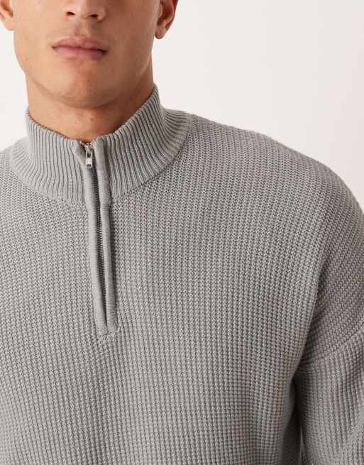 ASOS DESIGN relaxed knitted pique funnel neck jumper in light grey, 5 of 5