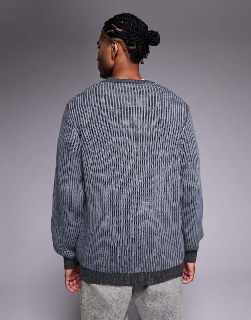 ASOS DESIGN relaxed knitted plated rib crew neck jumper in grey, 3 of 5