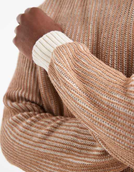ASOS DESIGN relaxed knitted pleated rib crew neck jumper in stone, 5 of 5