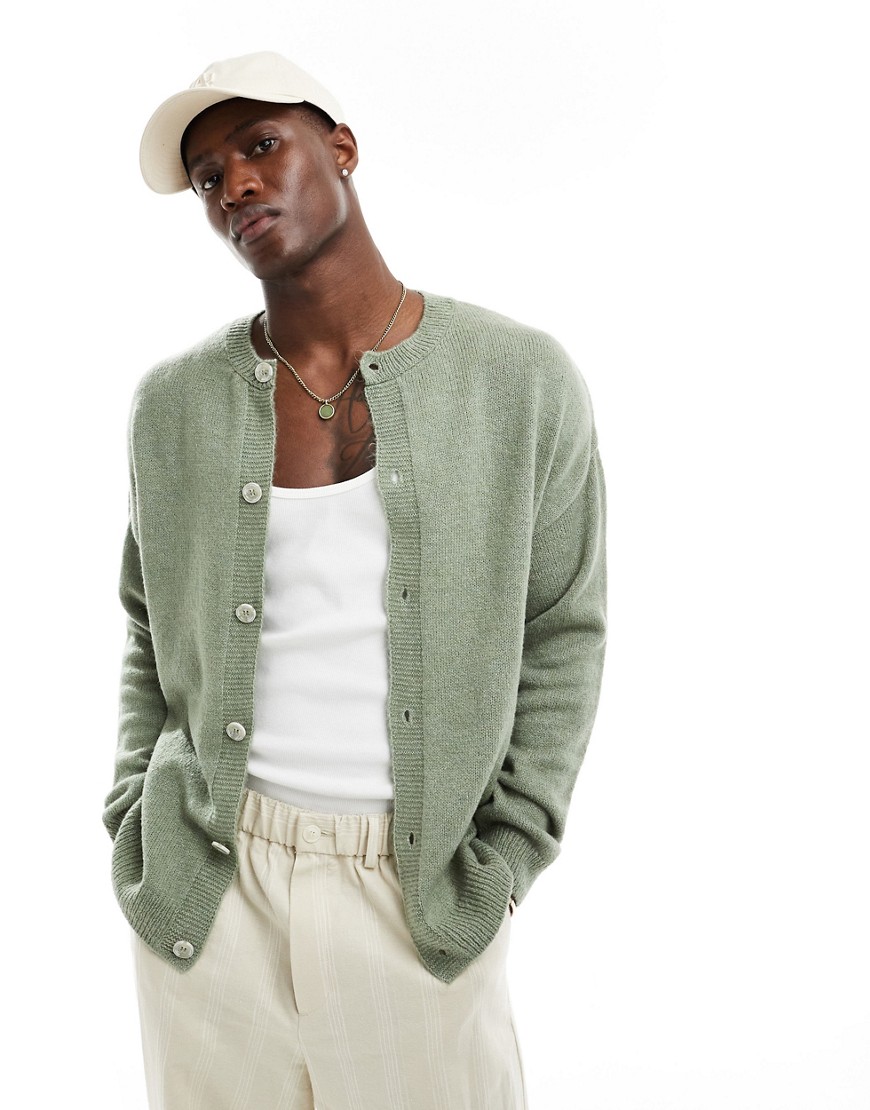 ASOS DESIGN relaxed knitted plush crew neck cardigan in sage green