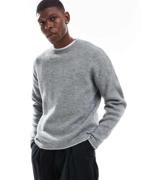 ASOS DESIGN relaxed knitted plush jumper in grey with contrast blanket stitch - view 1