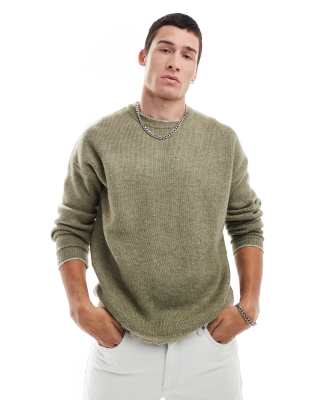 Asos Design Relaxed Knitted Plush Sweater In Khaki With Contrast Blanket Stitch-green