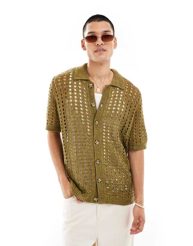 ASOS DESIGN - relaxed knitted pointelle button through polo in khaki