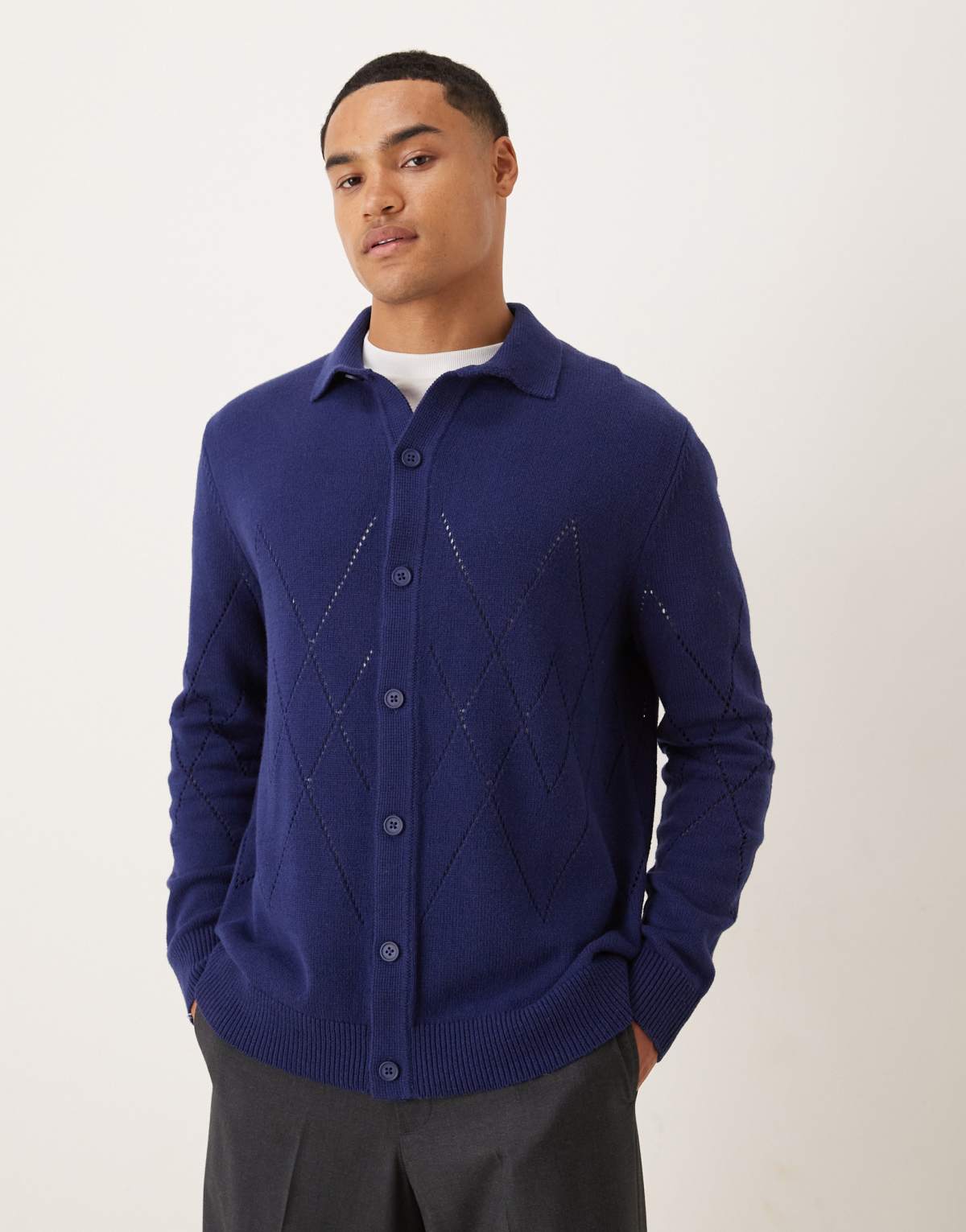 ASOS DESIGN relaxed knitted pointelle button through polo in navy