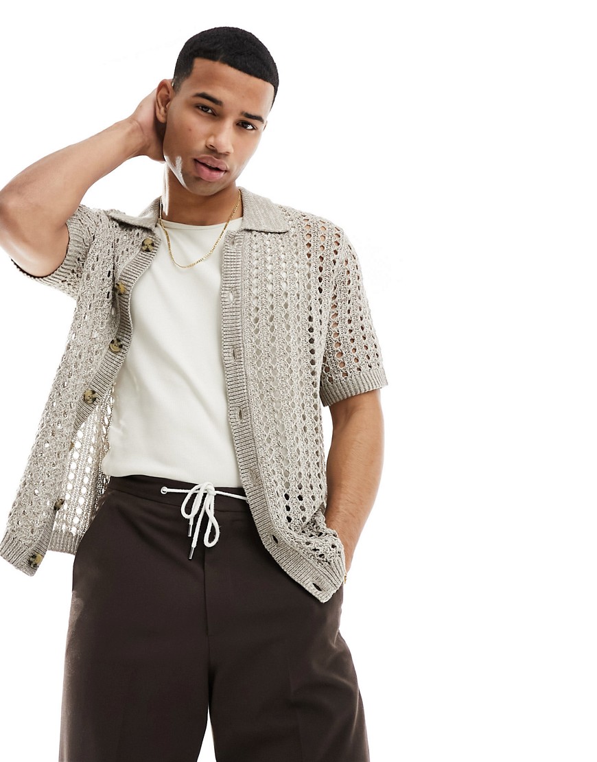 ASOS DESIGN relaxed knitted pointelle button through polo in stone-Neutral